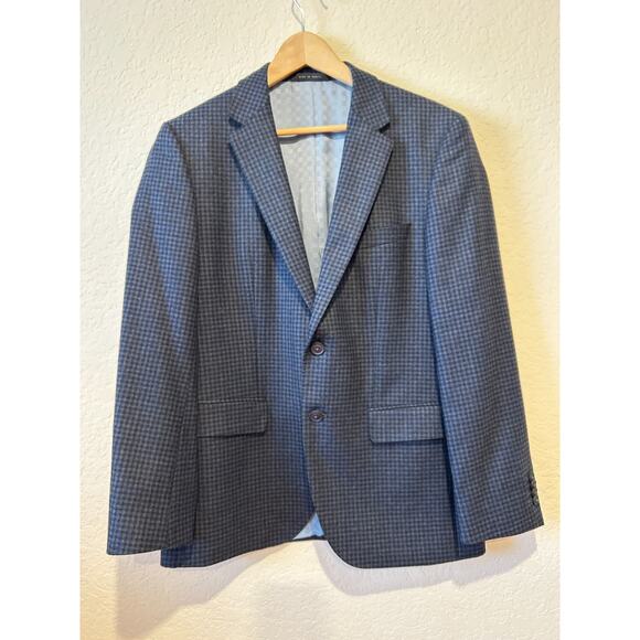 HUGO BOSS The Keys Blazer Sz US 38S Grey Blue Plaid 100% Wool Sport Coat Jacket - Picture 1 of 15